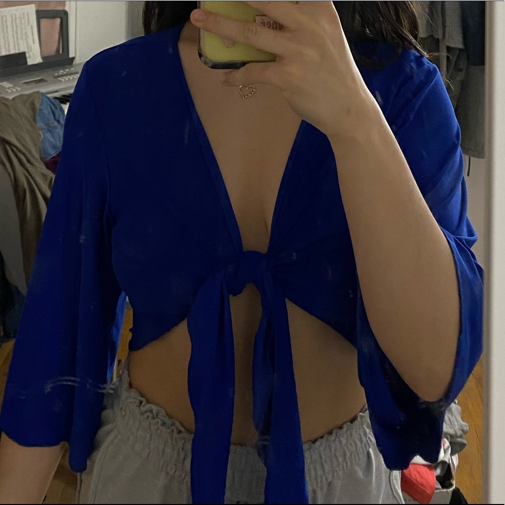 Blue tie front top